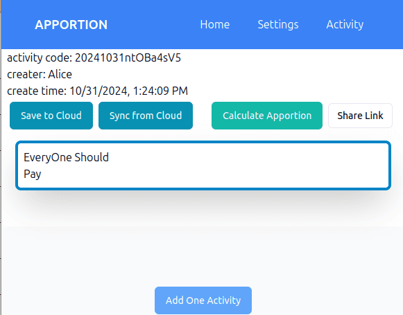 activity page of the calculator